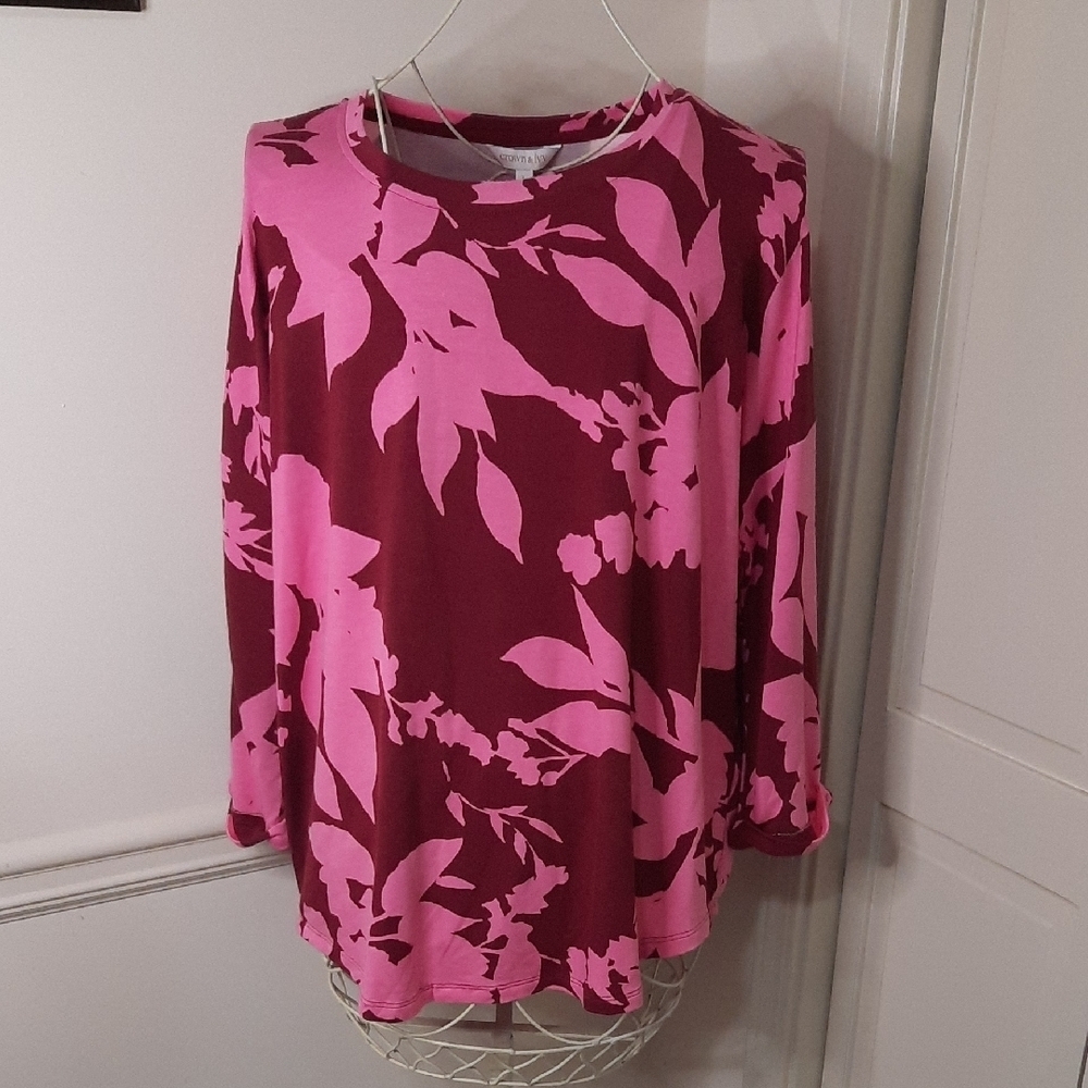 Crown & Ivy Pink and Burgundy Floral Long Sleeve Top